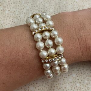 Vintage Triple Strand Pearl Bracelet with Gold and Rhinestone Details